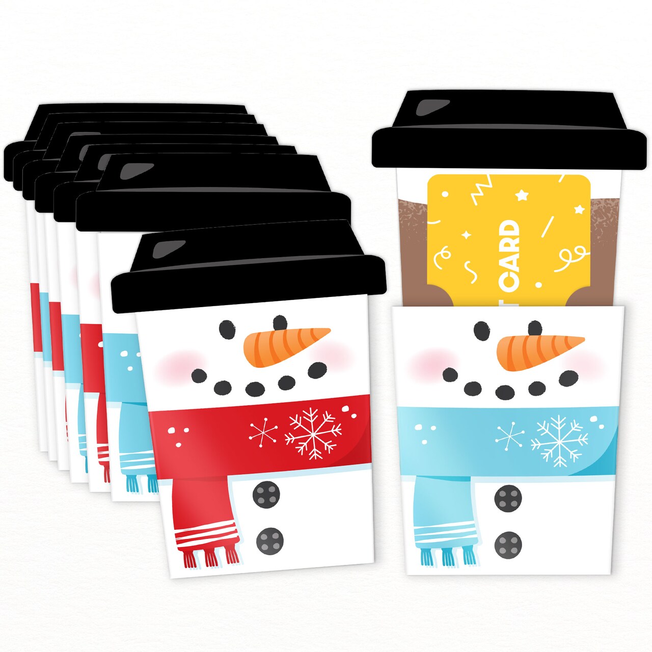 Big Dot of Happiness Assorted Snowman Coffee Cup Gift Card Holders with Envelopes, Winter Money & Gift Card Sleeves Holiday Nifty Gifty Pack, Set of 8